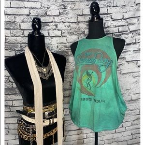 Xs “extra small” Beach Boys green/teal tie dye summer tank with cut out back.